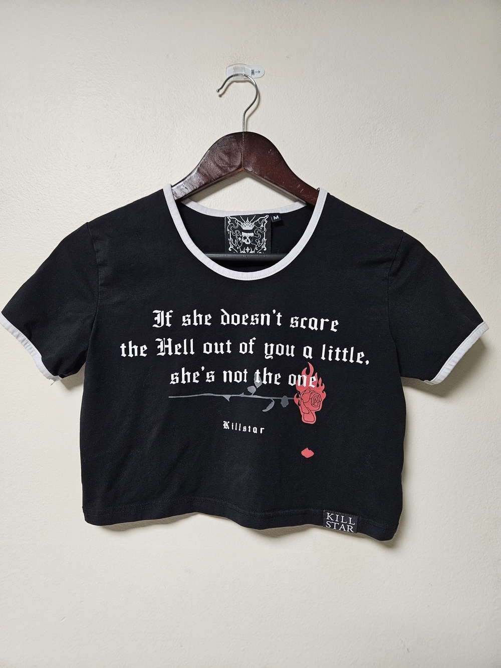 Killstar Black Crop Tee with White Trim and Red Rose Graphic